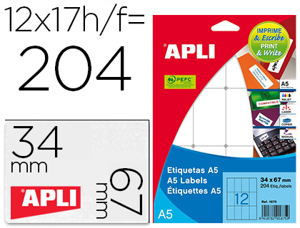 APLI - Etiqueta adhesiva blanca 12x30 mm sobre a5 de 990 unidades (Ref. 1861)