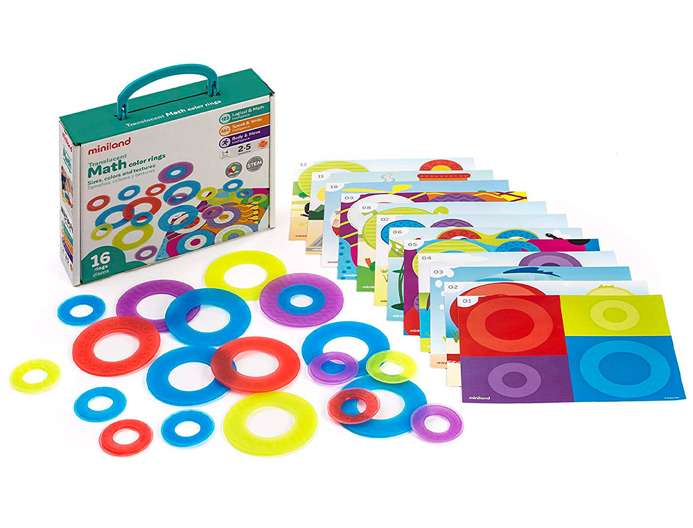 MINILAND - Juego set de 16 aros translucidos y 12 tarjetas de actividades de diferentes tematicas 235x195x80 mm (Ref. 32160)