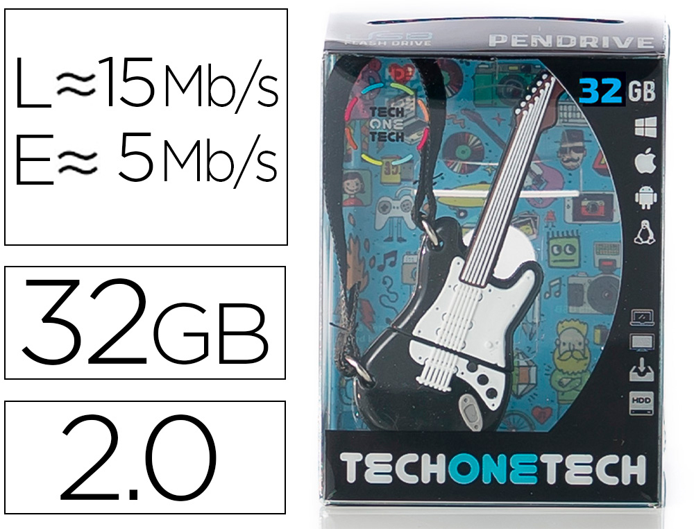 TECH ON TECH - Memoria usb guitarra black &amp; blanco 32 gb (Ref. TEC5138-32)