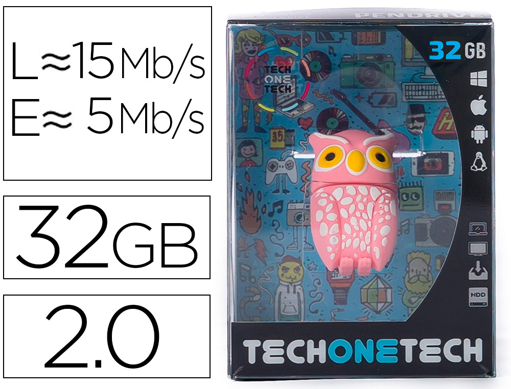 TECH ON TECH - Memoria usb buho plumi pink 32 gb (Ref. TEC5143-32)