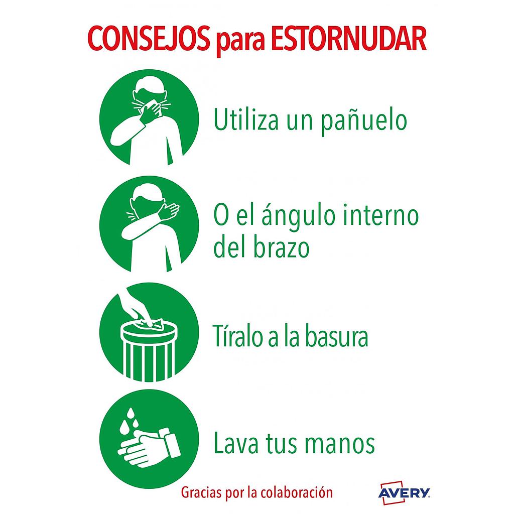 AVERY - SEÑALIZACIÓN ADHESIVA PERMANENTE "CONSEJOS PARA ESTORNUDAR" POLIESTER DINA4 -2U- (Ref.AV_KITCOVID5_ES)