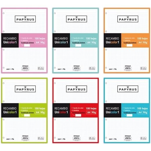 PAPYRUS - RECAMBIO UNICOLOR1 A4 100h 90g MULTITALADRO CUAD.5x5 TURQUESA (Ref.53392236)