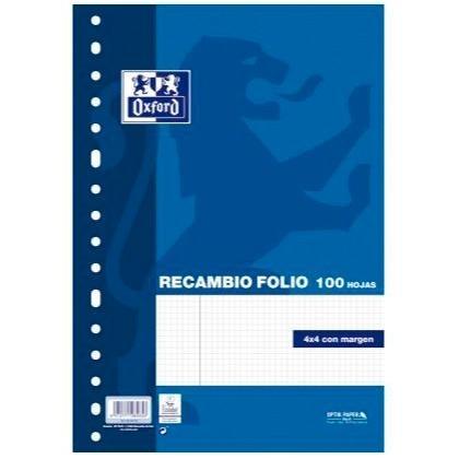 OXFORD - RECAMBIO SCHOOL Fº 100h 90gr 16 TALADROS CUADRIC.4x4 C/MARGEN AZUL (Ref.100430207)