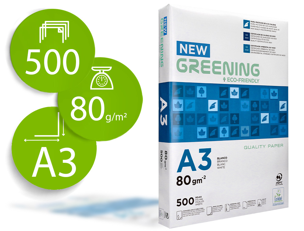 GREENING - PAPEL FOTOCOPIADORA LIDERPAPEL DIN A3 80 GRAMOS PAQUETE DE 500 HOJAS (Ref.FT04)